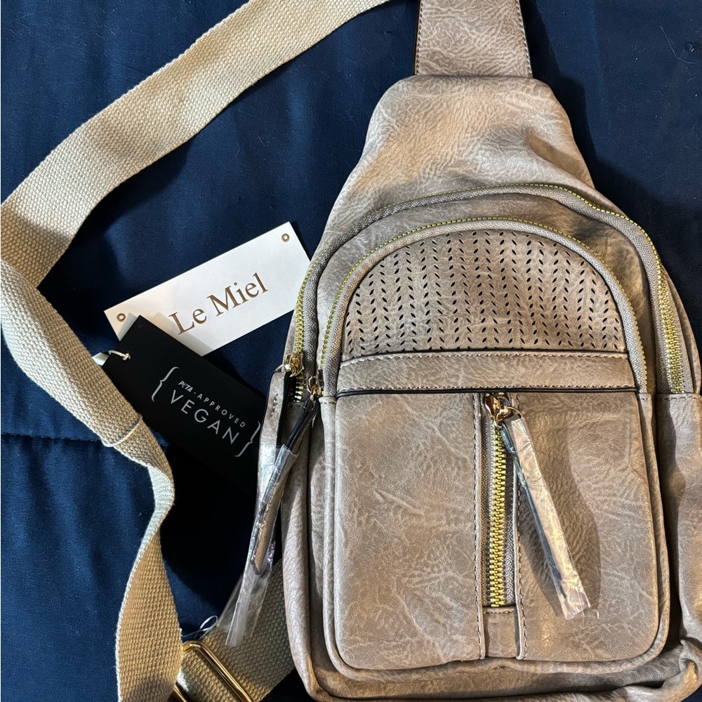 Le Miel Tan Crossbody Bag with Textured Panel and Adjustable Strap. Vegan